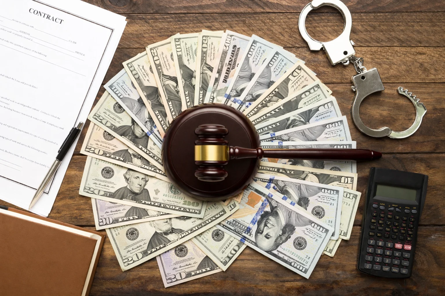 Judge’s gavel placed over U.S. dollar bills with contract, calculator, and handcuffs, representing criminal law attorney fees and legal costs
