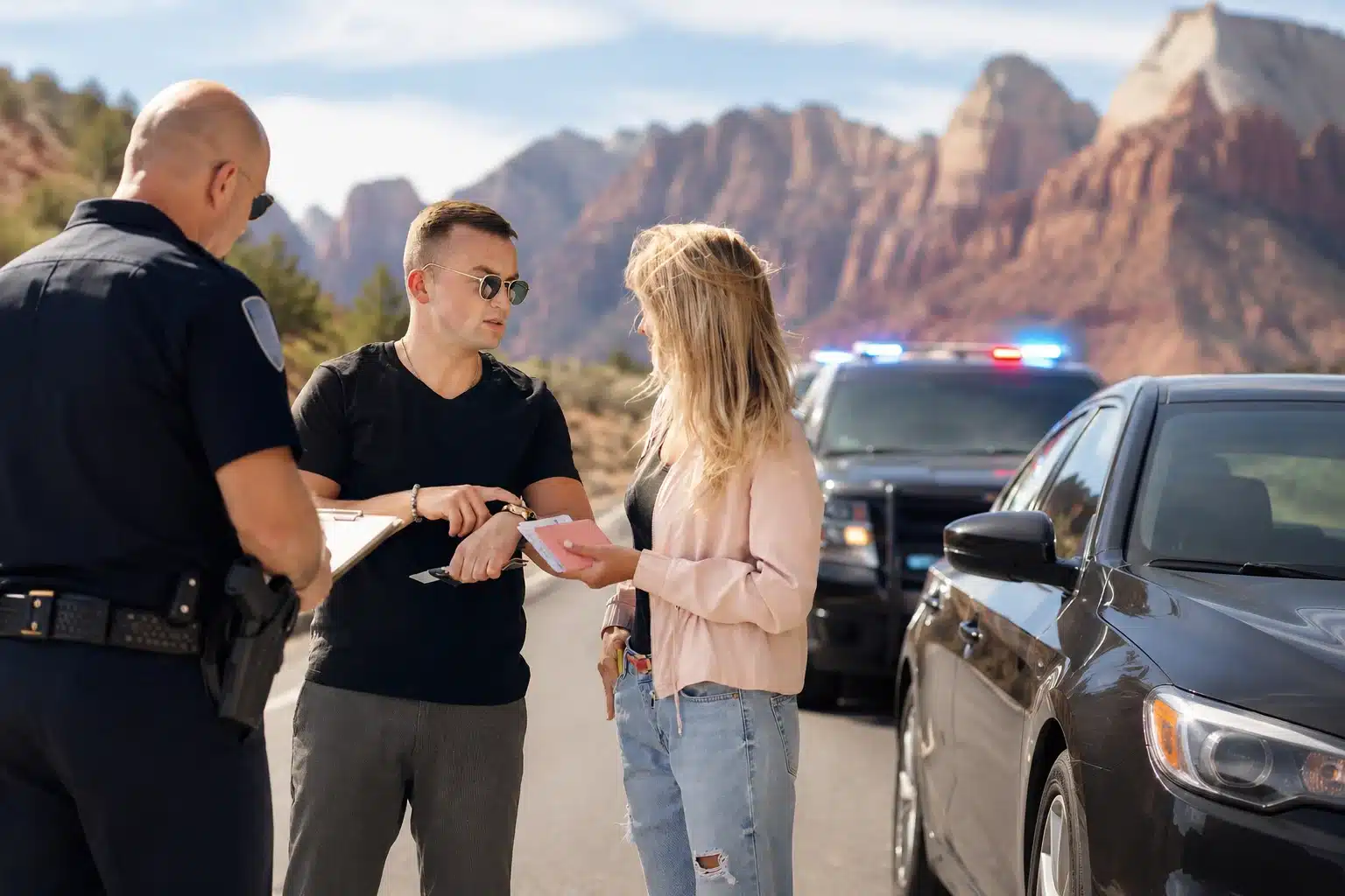 Tourists speaking with a police officer during a DUI traffic stop near Zion National Park in Southern