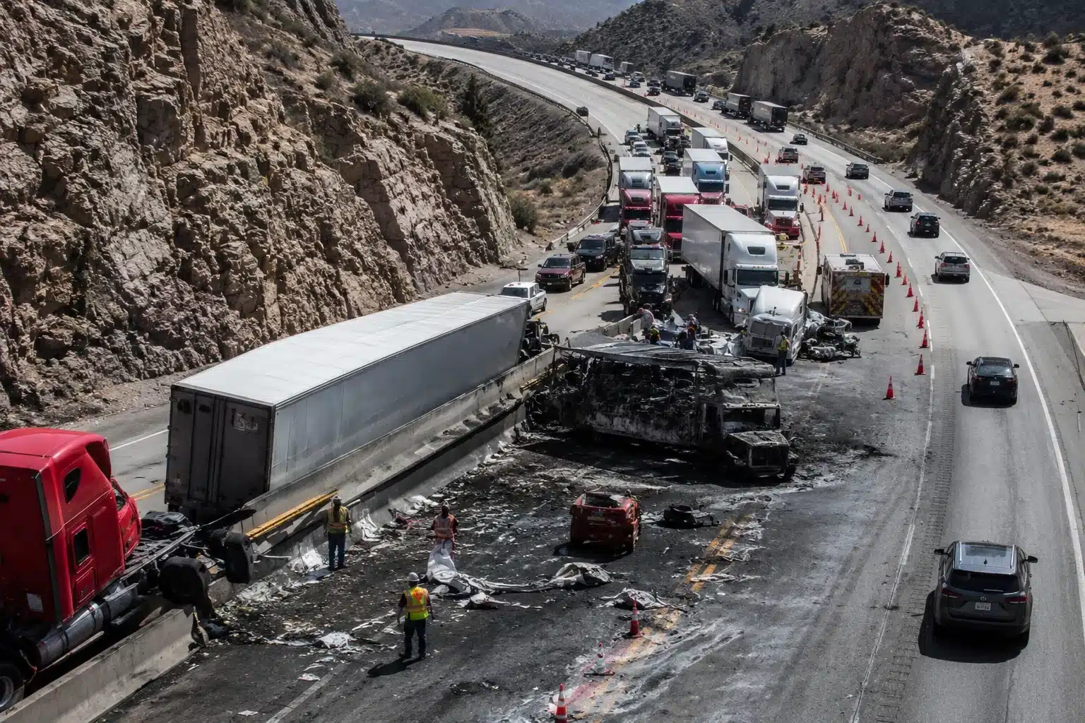 Emergency responders manage a multi-vehicle crash involving semi-trucks and passenger vehicles on Interstate 15 through the Virgin River Gorge near St. George