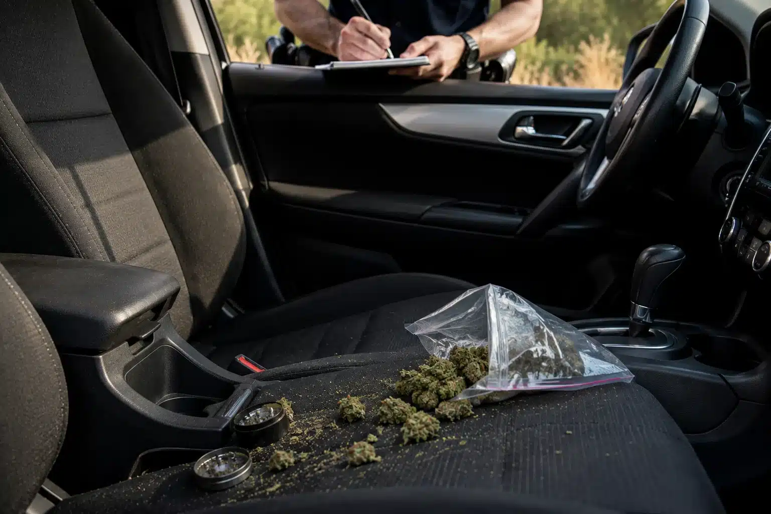 Cannabis scattered on a car passenger seat during a traffic stop in Utah