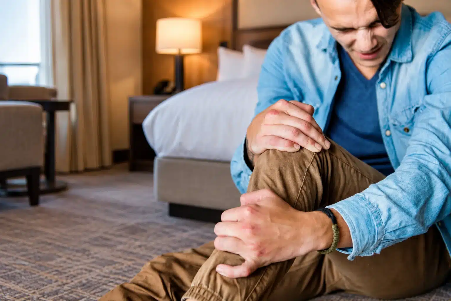 Man injured in a hotel room holding his painful knee after a slip and fall near Zion